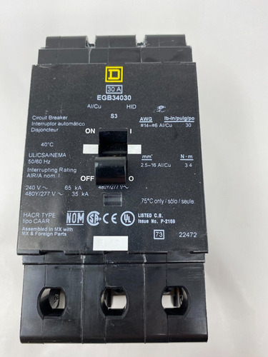 Square D Egb34030 30a 3p Bolt-on 480/277v Circuit Breake Cch