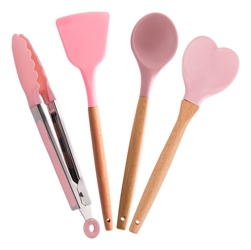 Conjunto Rosa 3 P/  Cozinha Em Silicone E Pinça Inox Lyor