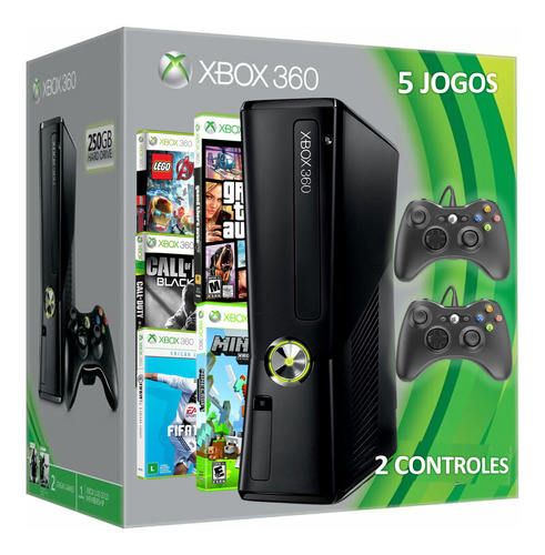 Console Xbox 360 Microsoft Original + 2 Controles + 5 Jogos Minecraft - Futebol Fifa - Gta V