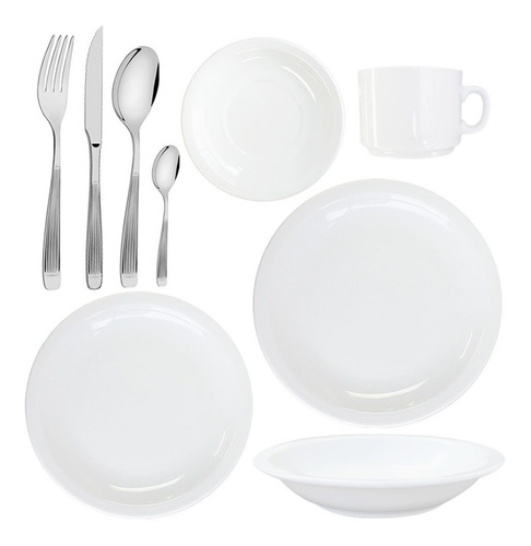 Set Vajilla 4p Cubiertos Tramontina Porcelana Blanca Tsuji