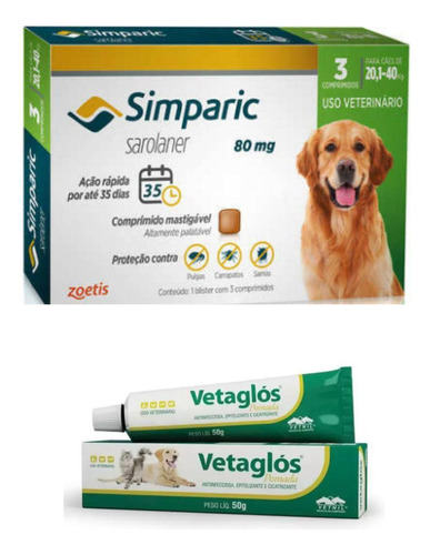 Antipulgas Simparic 80mg 20-40kg 3 Comp + Vetaglos 50g