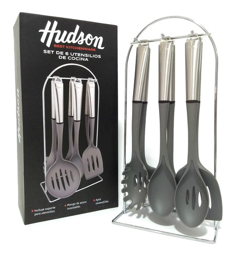 Set 6 Utensillos De Nylon Mango Acero Con Soporte Hudson Cucharon Espatula Espumadera Cuchara Guiso Legumbres Oferta Bz3