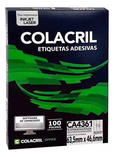 Etiqueta Colacril A4 Inkjet+laser Ca4361 Com 1800 Unidades