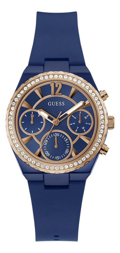 Reloj Guess Breeze Para Dama Correa Azul Bisel Dorado Fondo Negro