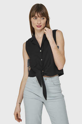 Blusa Cuello Camisero Y Nudo Negro Nicopoly