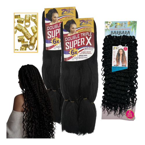 Kit 2 Jumbo + 1 Cacho Orgânico Barbara Box Braids + Anéis