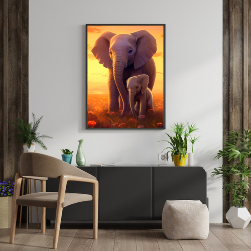 Quadro Decorativo Grande Luxo Sala 90x60 Família De Elefante