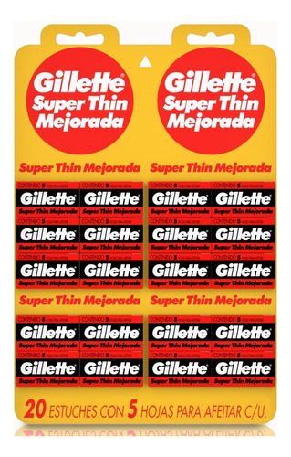 Gillette Super Thin Mejorada Roja 20 X 5 Hoja De Afeitar Filo Simple Acero Inoxidable Blister 20 Cajas De 5 Unidades