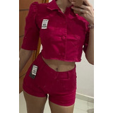 Conjunto Femi Jeans Color Blusa+short Manga Princesa Bufante