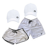 Kit Casal Namorados Short Moda Praia Bermuda Boné Aba Curva