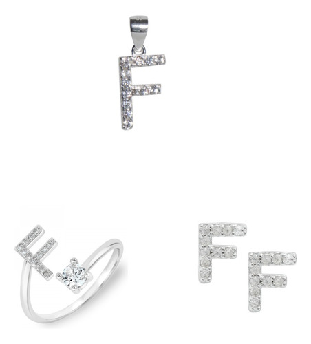 Juego Letra F Arete Dije Anillo Plata Fina 925 Mujer Regalo