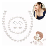 4 Piezas Collar Perlas Pendientes Pulsera Joyas Juego