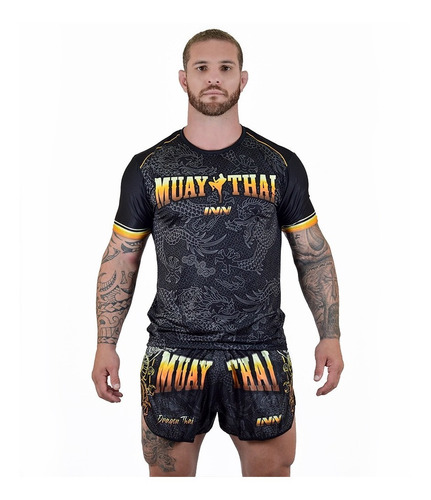 Conjunto Muay Thai Masculino Camisa E Short Dragon Thai Gold