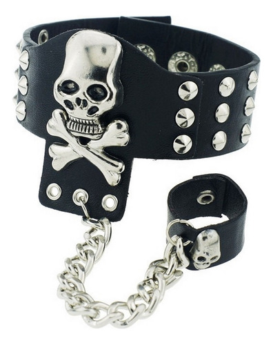 Pulsera Con Anillo Punk Con Calavera Y Puntal Metal