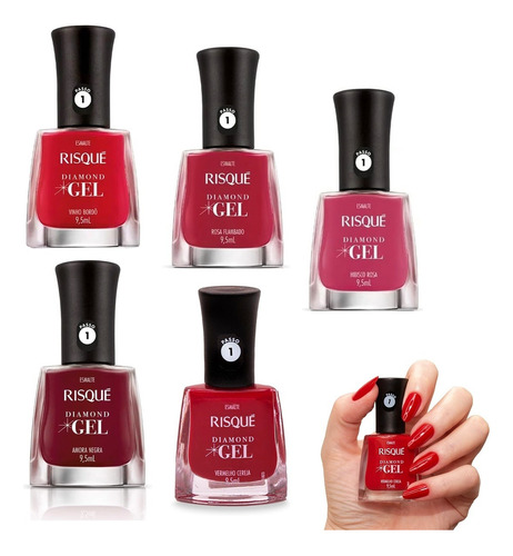 Kit 5 Esmaltes Risque Diamond Gel Tons De Vermelho Atacado !