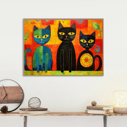 Quadro Decorativo  Grande Sala  Luxo 90cmx60cm Três Gatos 