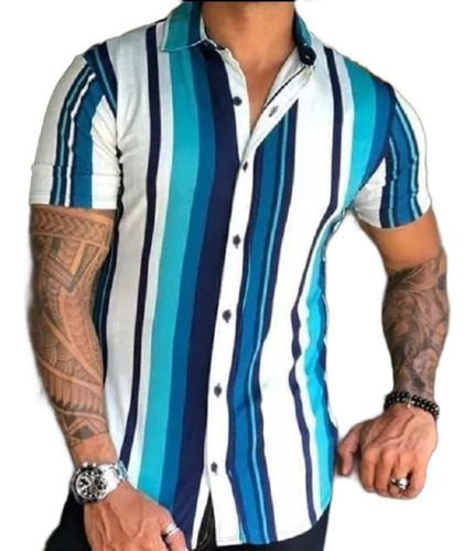 Camisa  Havaiana Listrada Plus Size Masculina Moda Praia