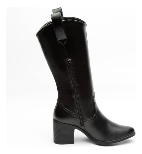 Bota Alta Vaquera Con Tacón Ancho Negro Para Mujer 7081 O-i