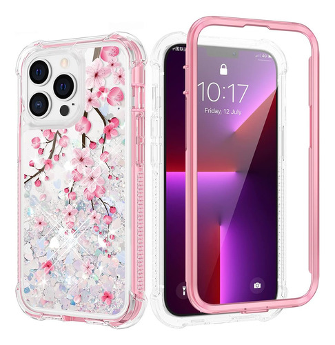 Funda Para iPhone 13 Pro Max 6.7 Flores Brillos Con Vidrio