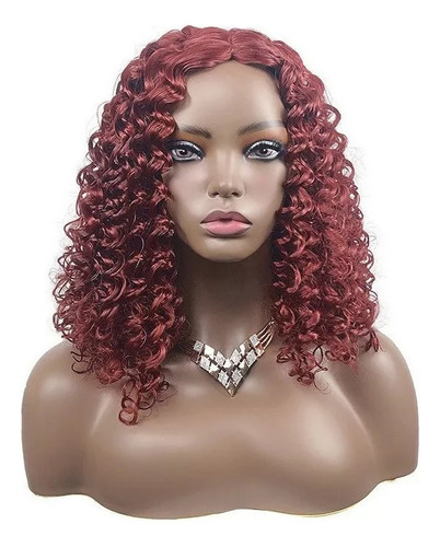 Peluca Corta Rizada Afro Rojo Vino Para Mujer