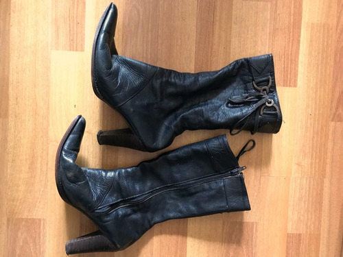 Botas De Cuero Negro De Mujer Zapatos Botinetas 38