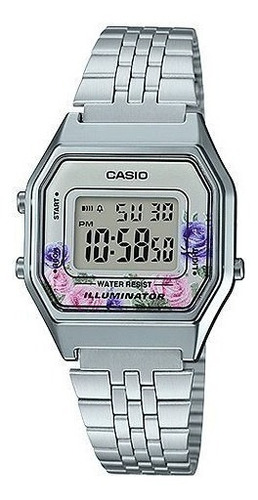 Reloj Casio Mujer La-680wa-2c Color De La Malla Plateado Color Del Bisel Plateado Color Del Fondo Floreado
