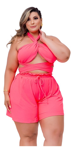 Conjunto Feminino Cropped Bojo Amarração E Short Plus Size