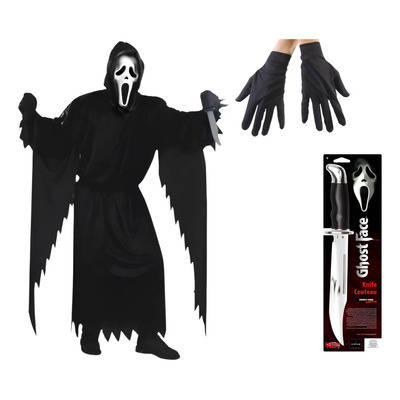 Disfraz Scream Ghost Face Original Halloween Adulto Incluye Tunica Con Capucha Mascara Cinto Guantes Y Cuchillo Cromado Bowie | Envío gratis