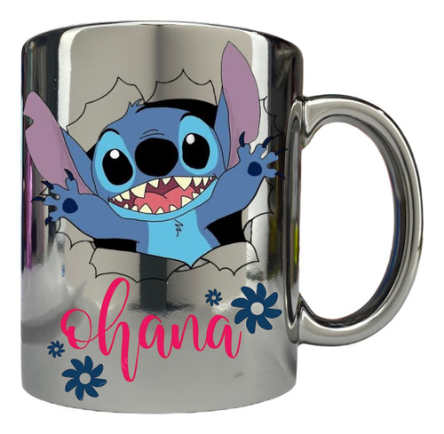 Taza Cerámica Stitch Cromada Taza Ohana Metalizada Coleccion