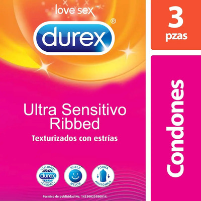 Condones de Látex Durex Ultra Sensitivo Ribbed 3 Condones | Meses sin interés
