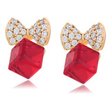 Aretes Oro 18k Lam Swarovski Rojo Broquel Chico Moño Mujer