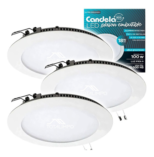 3 Plafones Led Redondos Embutir 18w Fría Candela 6821 Cuota