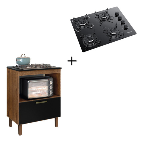 Kit Balcão Cooktop Itatiaia + Fogão Cooktop 4 Bocas Bivolt Cor Nature/preto