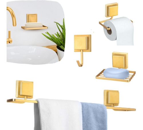 Kit Acessórios Para Banheiro Dourado 5 Peças Sem Furo Luxo