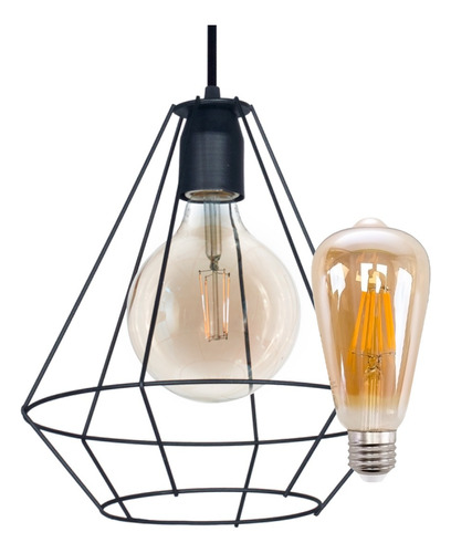 Lampara Colgante Vintage Jaula Diamante Rustica + Edison Led