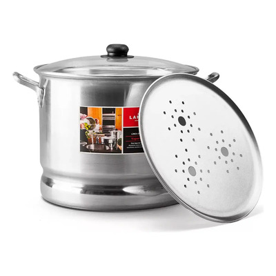 Vaporera de Aluminio 18 litros LAMEX Con Tapa De Vidrio | Incluye Disco Vaporizador | Asas de Fundición De Larga Durabilidad | Utensillos de Cocina | Ideal para tu Hogar & Cocina Integral | Meses sin interés