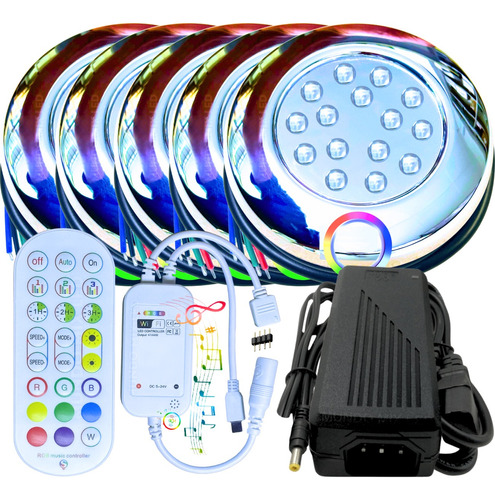 Kit 05 Luminária Piscina Led 15w Rgb Inox + Wifi App + Fonte