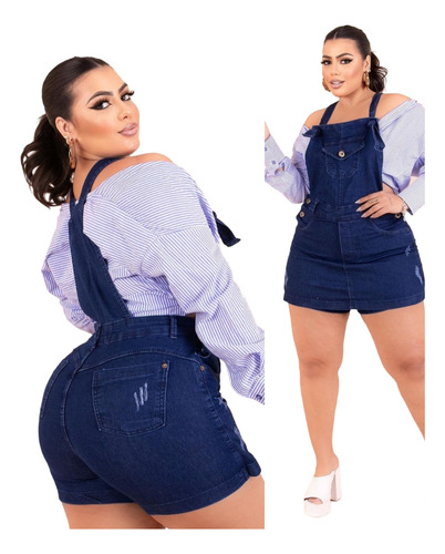 Macacão Jeans Feminino Plus Size Com Laycra Exclusivo