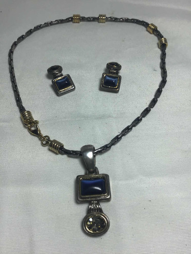 Collar Importante Cadena Con Dije Piedra Azul Con Aros (1013