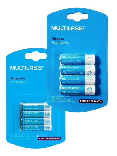Kit Pilhas Recarregáveis Multilaser Com 4 Aa E 4 Aaa