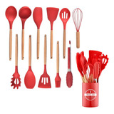 Kit 12 Utensílios De Cozinha Em Silicone E Cabo De Madeira Cor Vermelho