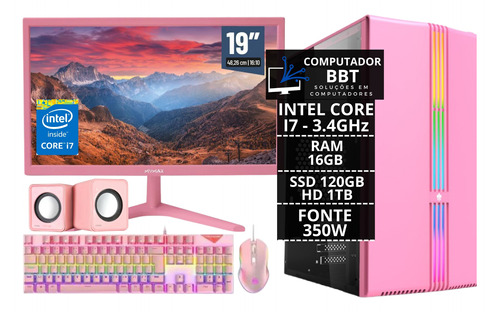 Pc Gamer Completo Rosa I7 16gb Ssd 120gb Hd 1tb Monitor Kit