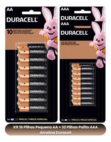 Kit Duracell 32 Pilhas Palito Aaa +  16 Pilhas Pequena Aa