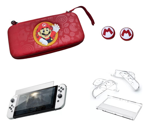 Estuche De Mario R + Acrilico + 2 Grips + Vidrio Switch Oled