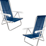 Kit 2 Cadeira Praia Piscina Reclinável Alumínio Azul Marinho