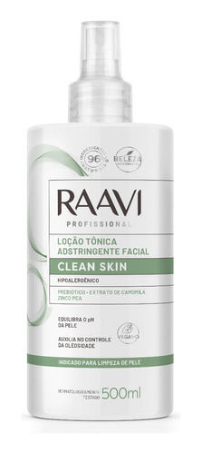 Loção Tônica Facial Limpeza De Pele Clean Skin Raavi 500ml