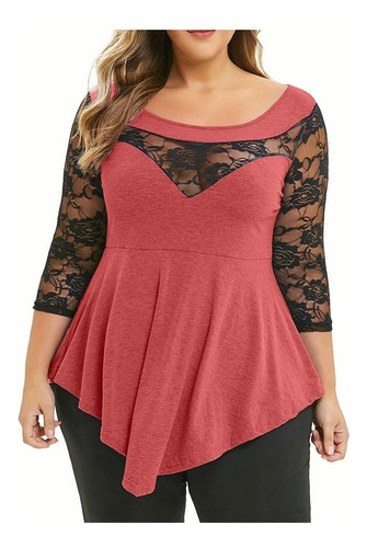 Tops Dama Plus Size Mujer Solid Floral Encaje O-neck Asim135