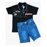 Kit Bermuda Jeans +camisa Polo Infantil Menino 4ao 8 Atacado