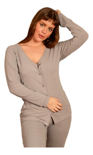 Pijama Remera Abotonada Pantalon Mujer Invierno