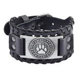 Pulseira Couro Preto Viking Pata De Urso Com Placa De Metal